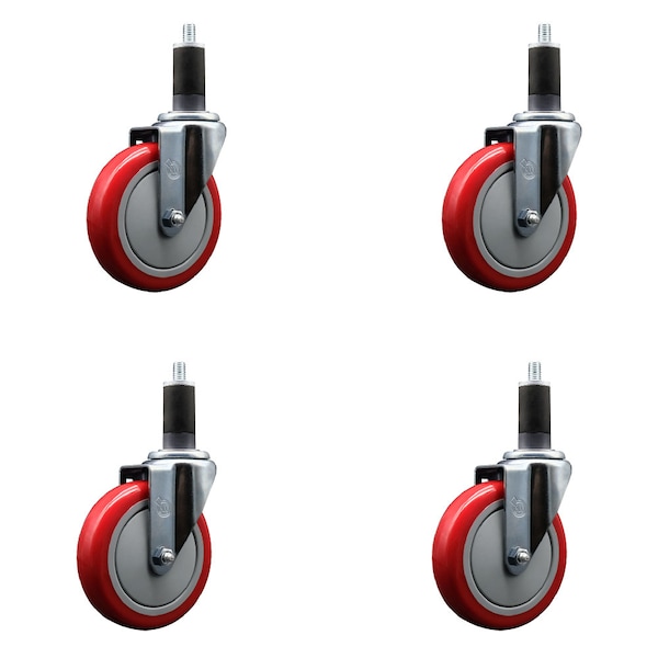 5'' SS Red Poly Wheel Swivel 1-1/4'' Expanding Stem Caster Set, 4PK